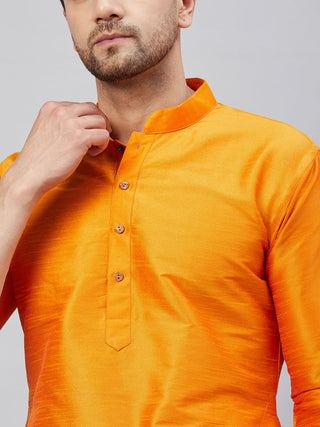 VM By VASTRAMAY Men's Orange Silk Blend Curved Kurta Pant Set