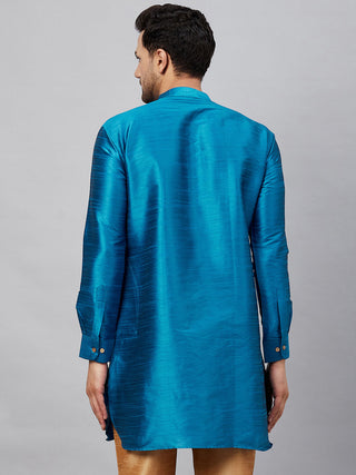 VM By VASTRAMAY Men's Turquoise Silk Blend Curved Kurta