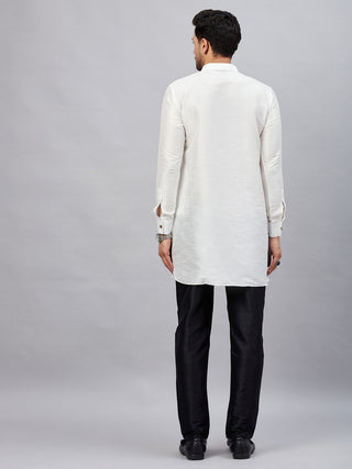 VM By VASTRAMAY Men's White Silk Blend Curved Kurta Pant Set