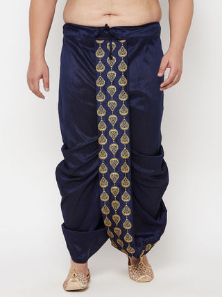 Vastramay Men's Plus Size Navy Blue  Cotton Blend Embroidered Traditional Dhoti