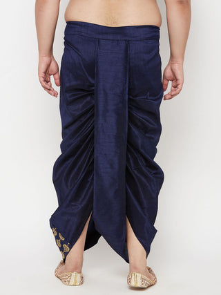 Vastramay Men's Plus Size Navy Blue  Cotton Blend Embroidered Traditional Dhoti