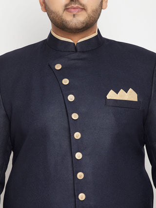 VASTRAMAY Men's Plus Size Navy Blue Slim Fit Sherwani Set