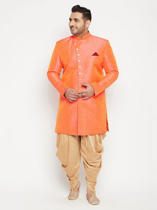 VASTRAMAY Men's Plus Size Orange Slim Fit Sherwani Set