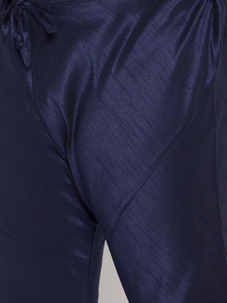 VASTRAMAY Men's Plus Size Navy Blue Woven Silk Blend Jacket Kurta Pyjama Set