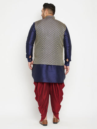 VASTRAMAY Men's Plus Size Navy Blue and Maroon Silk Blend Jacket Kurta Dhoti Pant Set