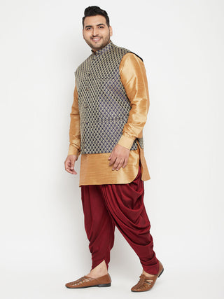 VASTRAMAY Men's Plus Size Rose Gold, Navy Blue and Maroon Silk Blend Jacket Kurta Dhoti Pant Set