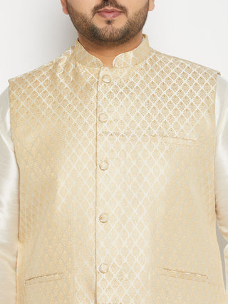 VASTRAMAY Men's Plus Size Cream and Gold Jacquard Nehru Jacket