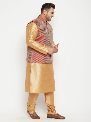 VASTRAMAY Men's Plus Size Rose Gold and Maroon Woven Silk Blend Jacket Kurta Pyjama Set
