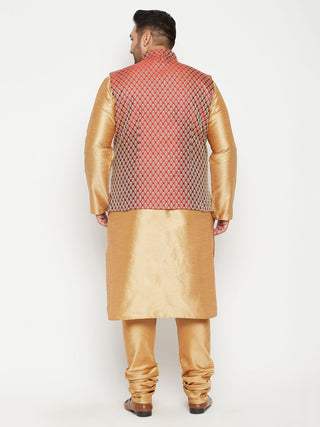 VASTRAMAY Men's Plus Size Rose Gold and Maroon Woven Silk Blend Jacket Kurta Pyjama Set