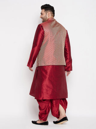 VASTRAMAY Men's Plus Size Maroon Woven Silk Blend Jacket And Maroon Silk Blend Kurta Dhoti Set