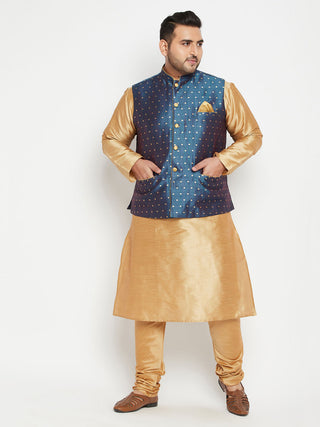VASTRAMAY Men's Plus Size Blue Zari Weaved Nehru Jacket With Kurta Pyjama set