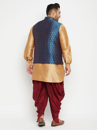 VASTRAMAY Men's Plus Size Blue Zari Weaved Nehru Jacket With Curved Kurta Dhoti set