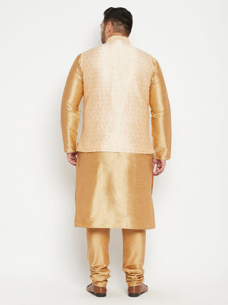 VASTRAMAY Men's Plus Size Gold Zari Weaved Nehru Jacket With Kurta Pyjama set