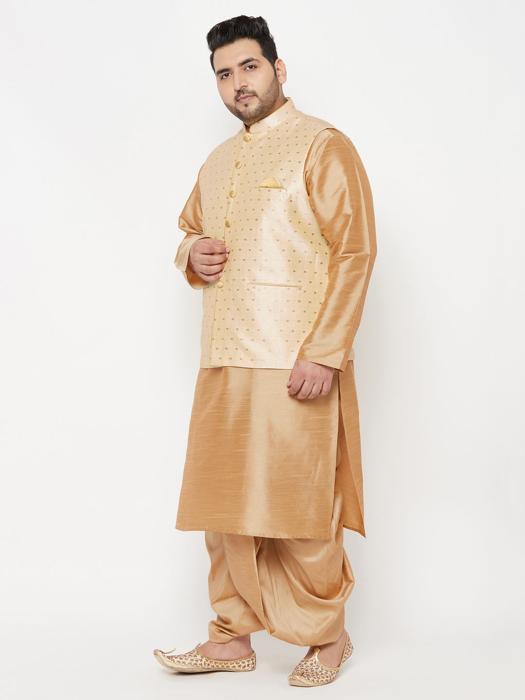 Wintage Men's Banarasi Rayon Cotton Bandhgala Festive Nehru Modi Jacket  Waistcoat : Gold