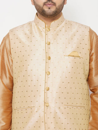 VASTRAMAY PLUS Men's Gold Zari Weaved Nehru Jacket With Kurta Dhoti set