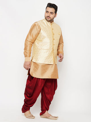 VASTRAMAY Men's Plus Size Gold Zari Weaved Nehru Jacket With Curved Kurta Dhoti set