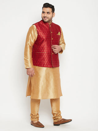 VASTRAMAY Men's Plus Size Maroon Zari Weaved Nehru Jacket With Kurta Pyjama set