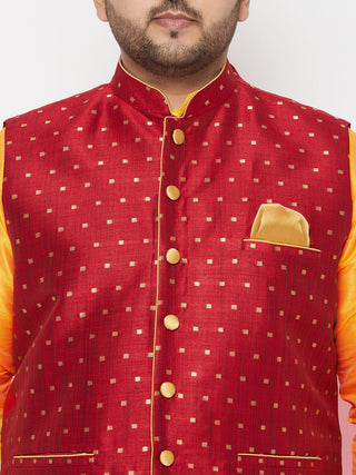 VASTRAMAY PLUS Men's Maroon Zari Weaved Nehru Jacket With Kurta Dhoti set