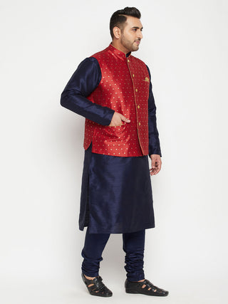 VASTRAMAY Men's Plus Size Maroon Zari Weaved Nehru Jacket With Kurta Pyjama set