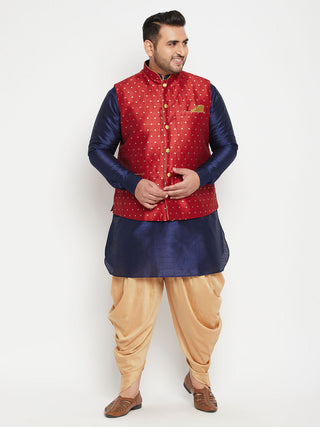 VASTRAMAY Men's Plus Size Maroon Zari Weaved Nehru Jacket With Curved Kurta Dhoti set