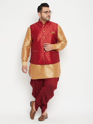 VASTRAMAY Men's Plus Size Rose Gold Zari Weaved Nehru Jacket With Curved Kurta Dhoti set