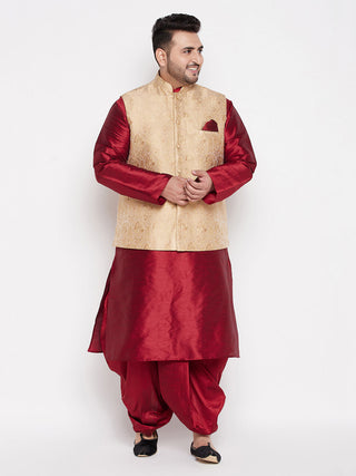 VASTRAMAY Men's Plus Size Rose Gold Brocade Silk Blend Jacket And Maroon Kurta With Pleated Dhoti Set