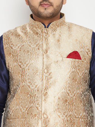 VASTRAMAY Men's Plus Size Rose Gold and Navy Blue Silk Blend Jacket Kurta Dhoti Pant Set