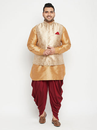 VASTRAMAY Men's Plus Size Rose Gold Brocade Silk Blend Jacket Kurta Dhoti Pant Set