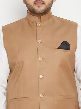 VASTRAMAY Men's Plus Size Chiku Brown Cotton Blend Nehru Jacket