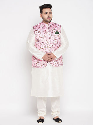 VASTRAMAY Men's Plus Size Pink Floral Print Silk Blend Nehru Jacket