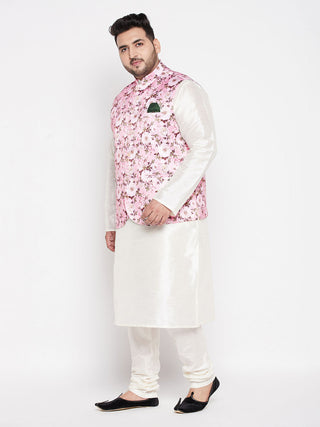 VASTRAMAY Men's Plus Size Pink Floral printed Jacket With Cream Solid Kurta Pyjama Set