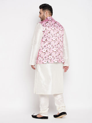 VASTRAMAY Men's Plus Size Pink Floral printed Jacket With Cream Solid Kurta Pyjama Set