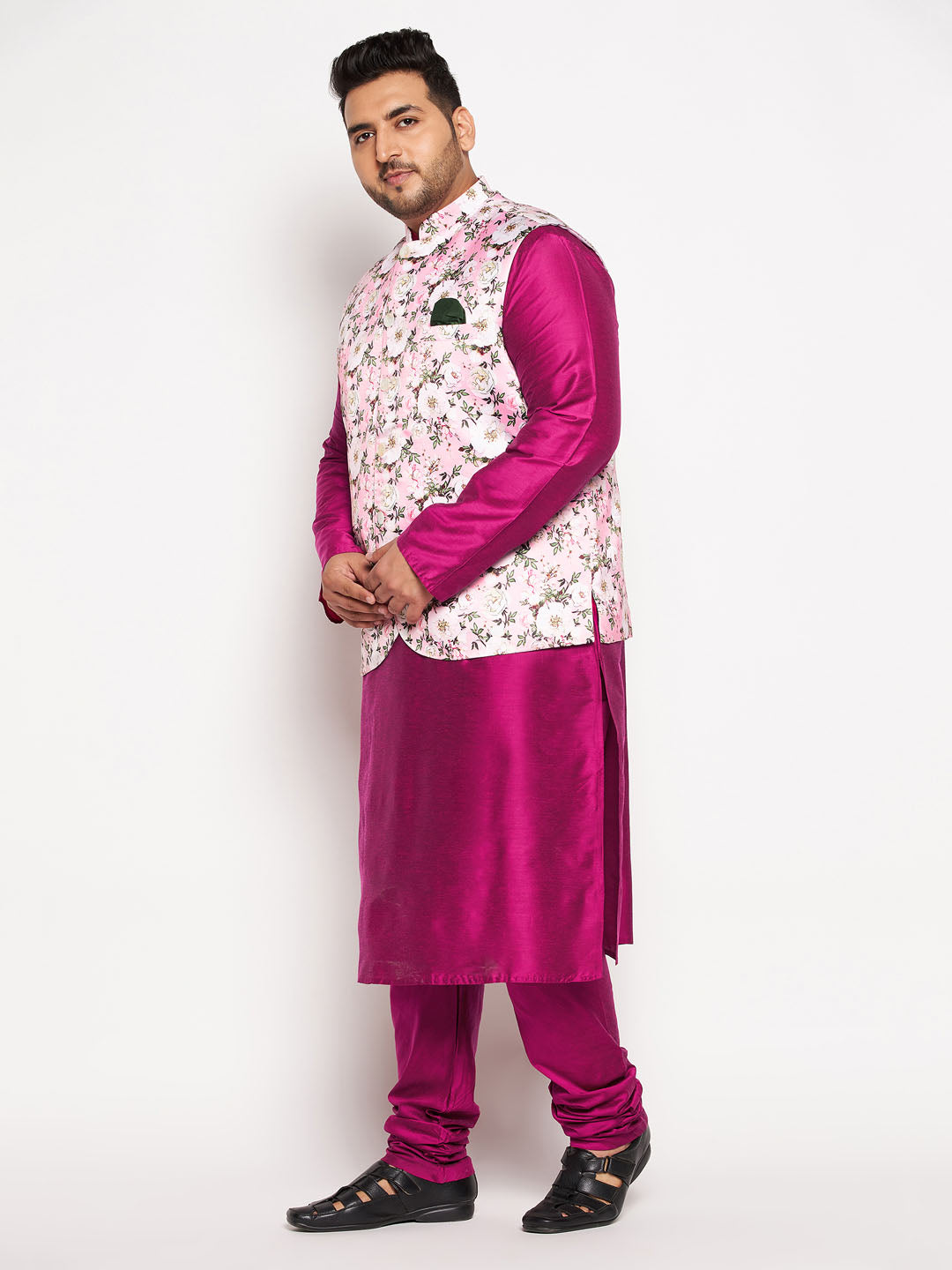 Men's Plus Size Pink Floral Printed Jacket With Fuchsia Solid Kurta Pyjama Set