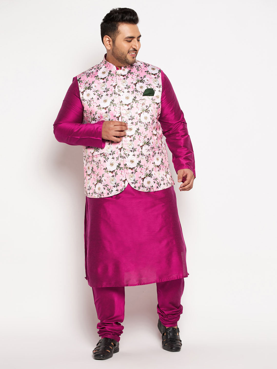 Men's Plus Size Pink Floral Printed Jacket With Fuchsia Solid Kurta Pyjama Set