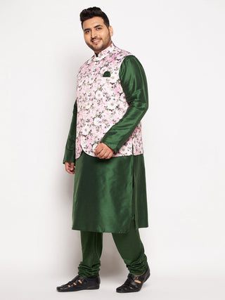 VASTRAMAY Men's Plus Size Pink Floral printed Jacket With Viscose Green Solid Kurta Pyjama Set