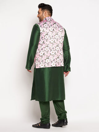 VASTRAMAY Men's Plus Size Pink Floral printed Jacket With Viscose Green Solid Kurta Pyjama Set