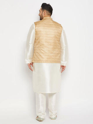 VASTRAMAY Men's Plus Size Beige Matka Silk Nehru Jacket With Cream Silk Blend Kurta andPant style Pyjama Set