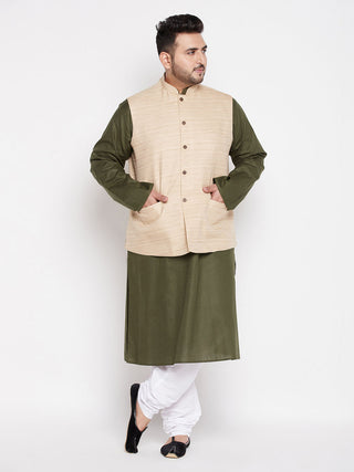 VASTRAMAY Men's Plus Size Beige Solid Jacket With Mint Green Solid Kurta And White Pyjama Set