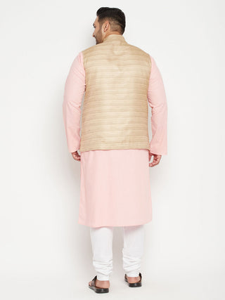 VASTRAMAY Men's Plus Size Pink Kurta And White Pyjama Set With Beige Nehru Jacket