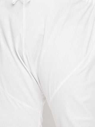VASTRAMAY Men's Plus Size White and Beige Cotton Blend Jacket Kurta Pyjama Set