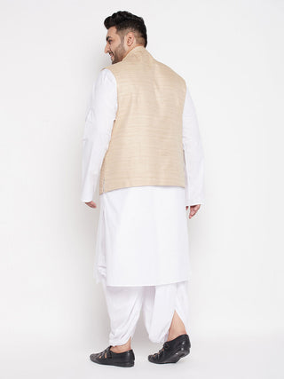 VASTRAMAY Men's Plus Size Beige Cotton Blend Jacket With White Kurta And Dhoti Set