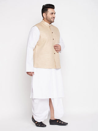 VASTRAMAY Men's Plus Size Beige Cotton Blend Jacket With White Kurta And Dhoti Set