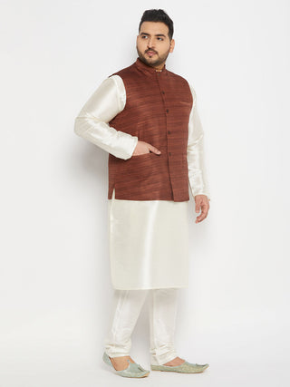 VASTRAMAY Men's Plus Size Coffee Matka Silk Nehru Jacket With Cream Silk Blend Kurta and Pant style Pyjama Set