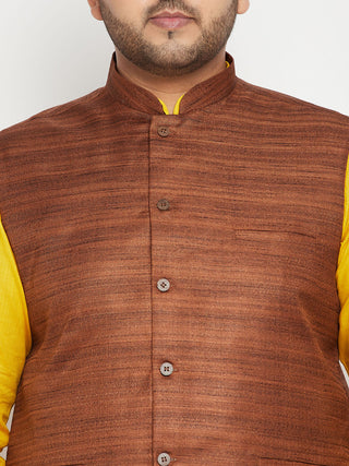 VASTRAMAY Men's Plus Size Mustard and Coffee Brown Cotton Blend Jacket Kurta Pyjama Set