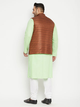 VASTRAMAY Men's Plus Size Mint Green and Coffee Brown Cotton Blend Jacket Kurta Pyjama Set