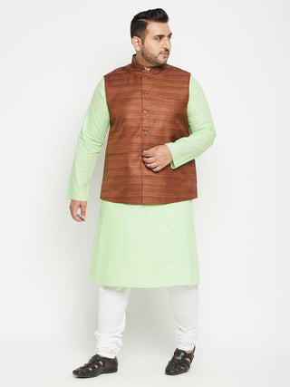 VASTRAMAY Men's Plus Size Mint Green and Coffee Brown Cotton Blend Jacket Kurta Pyjama Set