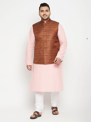 VASTRAMAY Men's Plus Size Pink and Coffee Brown Cotton Blend Jacket Kurta Pyjama Set