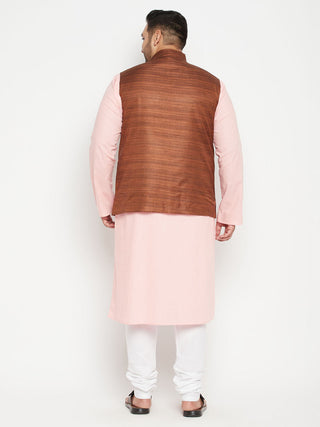 VASTRAMAY Men's Plus Size Pink and Coffee Brown Cotton Blend Jacket Kurta Pyjama Set