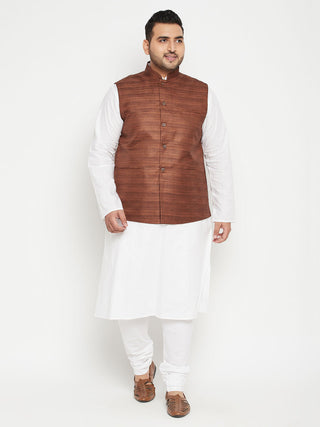 VASTRAMAY Men's Plus Size White and Coffee Brown Cotton Blend Jacket Kurta Pyjama Set