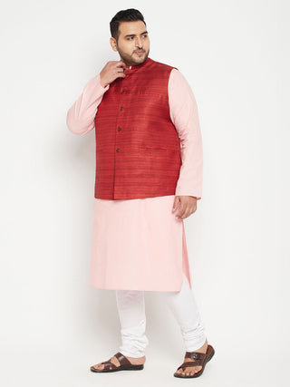 VASTRAMAY Men's Plus Size Pink and Maroon Cotton Blend Jacket Kurta Pyjama Set